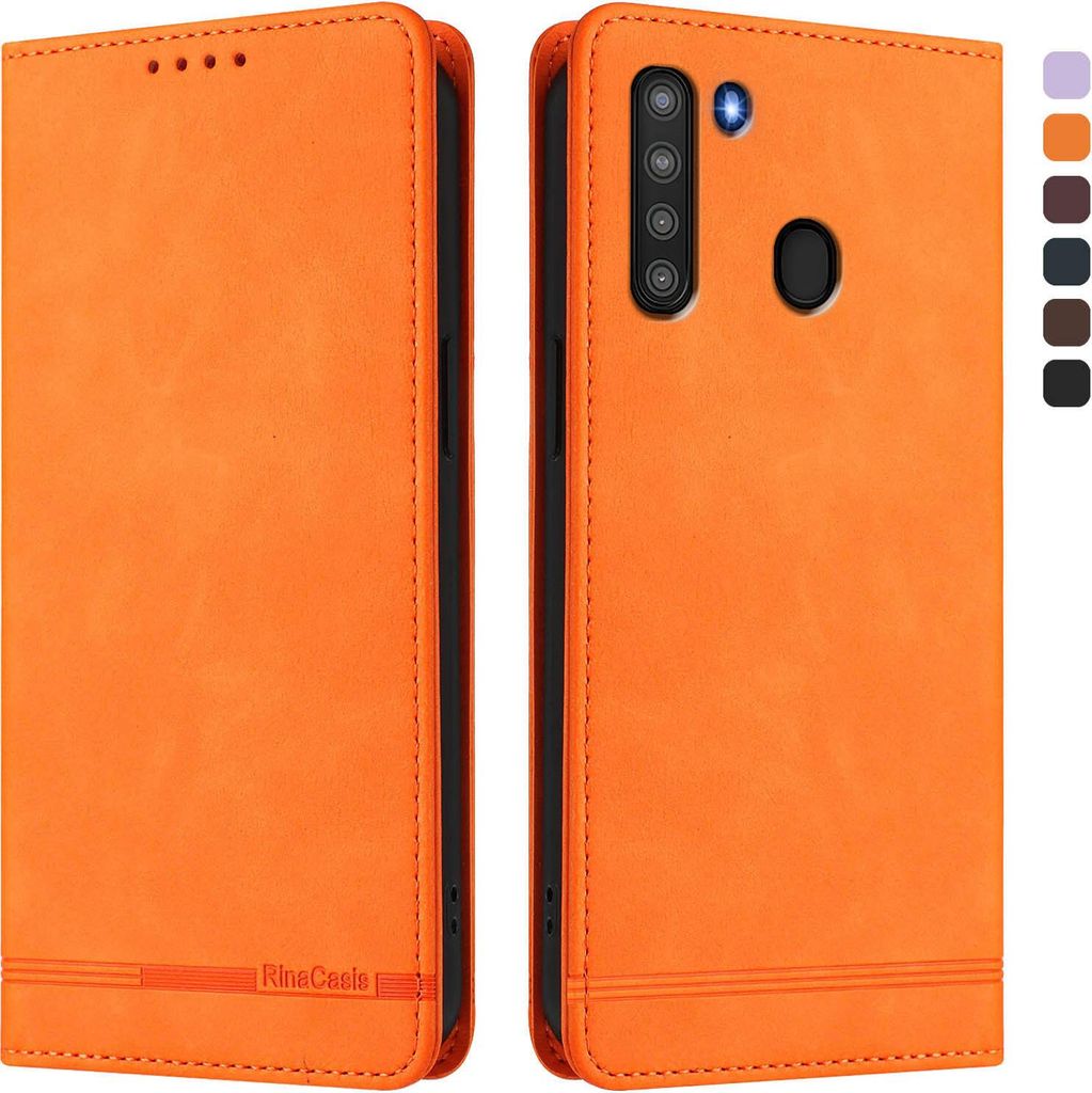 Hülle für Samsung Galaxy A21, Retro Kunstleder Ständer Klapphülle mit Kartenfächer und Magnetische Orange