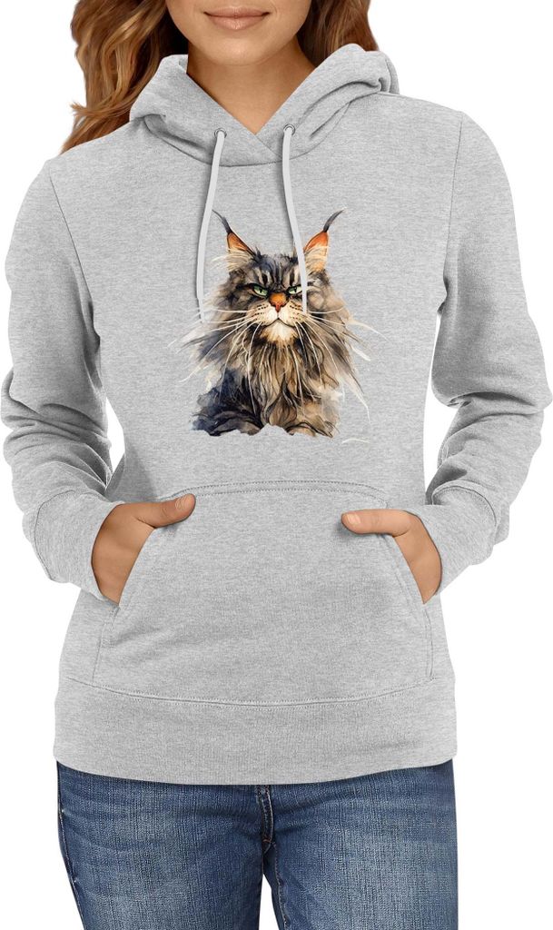 Damen Kapuzenpullover Funny Cats Breeds Maine Coon Cat 023, Lady M / Grau