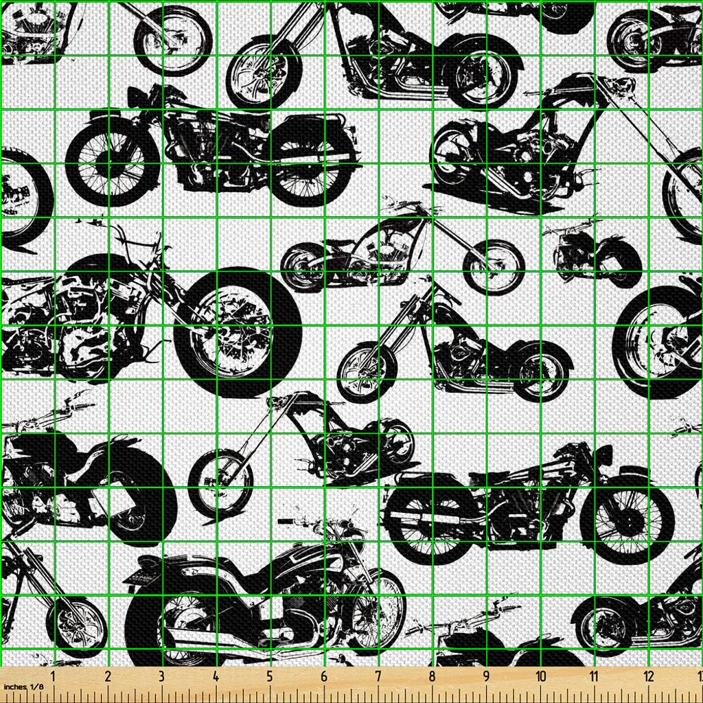 ABAKUHAUS Motorrad Satin Stoff als Meterware, Retro Chopper-Muster-Monochrom-Motorrad-Design-Abenteuer Cruising Theme, 3 M (148 x 300 cm), Weiß Sc...