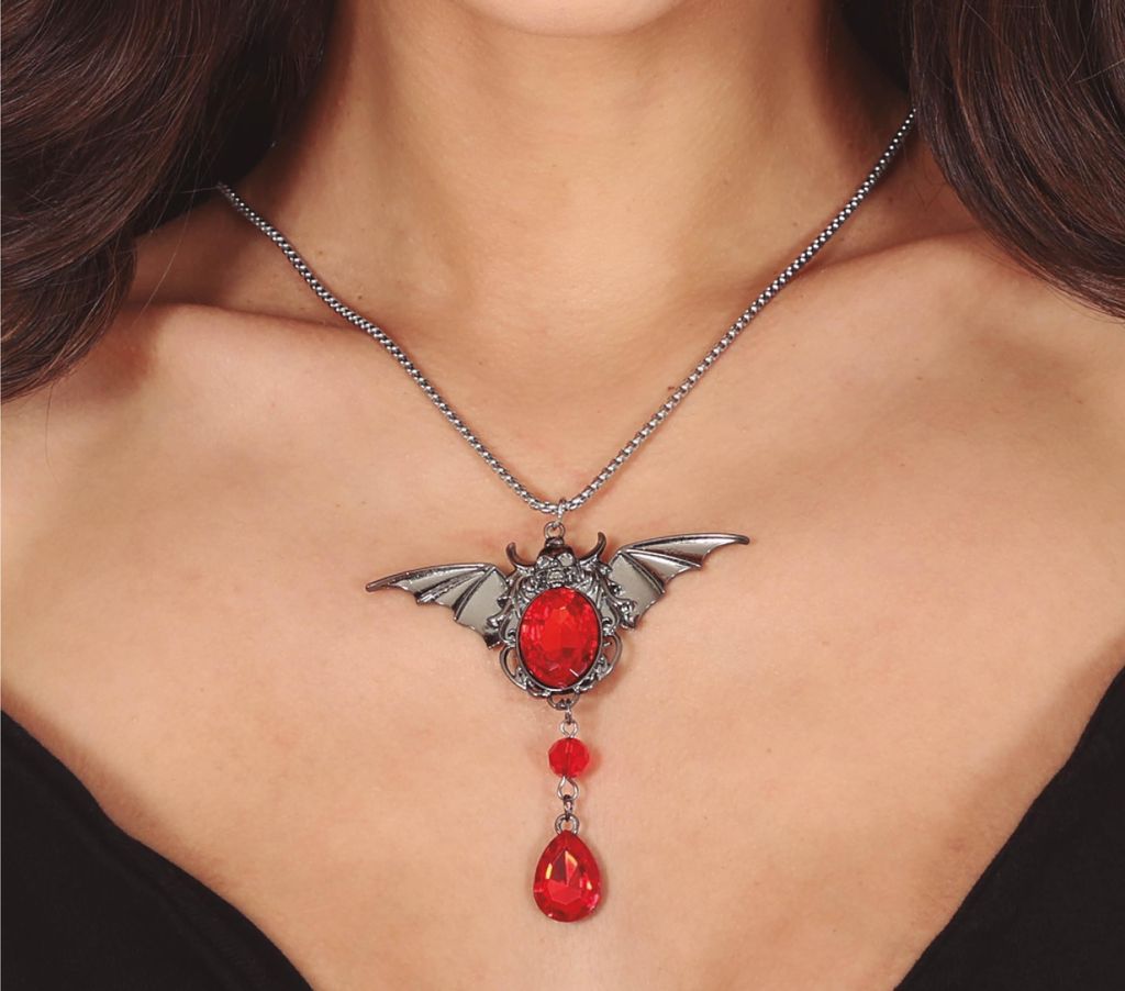Vampir Fledermaus Halskette Rubinrot Halloween Schmuck Gotisch Fabelwesen Fantasy Mythos Ästhetik Dramatische Schmuckkunst, Farbe: Schwarz