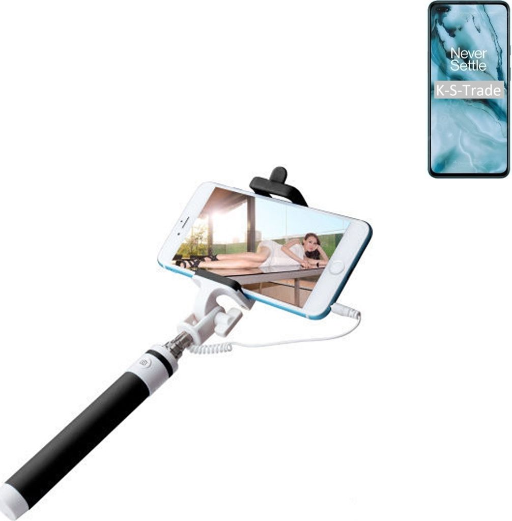 K-S-Trade Selfie Stick kompatibel mit OnePlus Nord N10 5G Selfiestick kabelgebunden Monopod mit Kabel Stab Stange Selfportrait Handheldstick schwarz