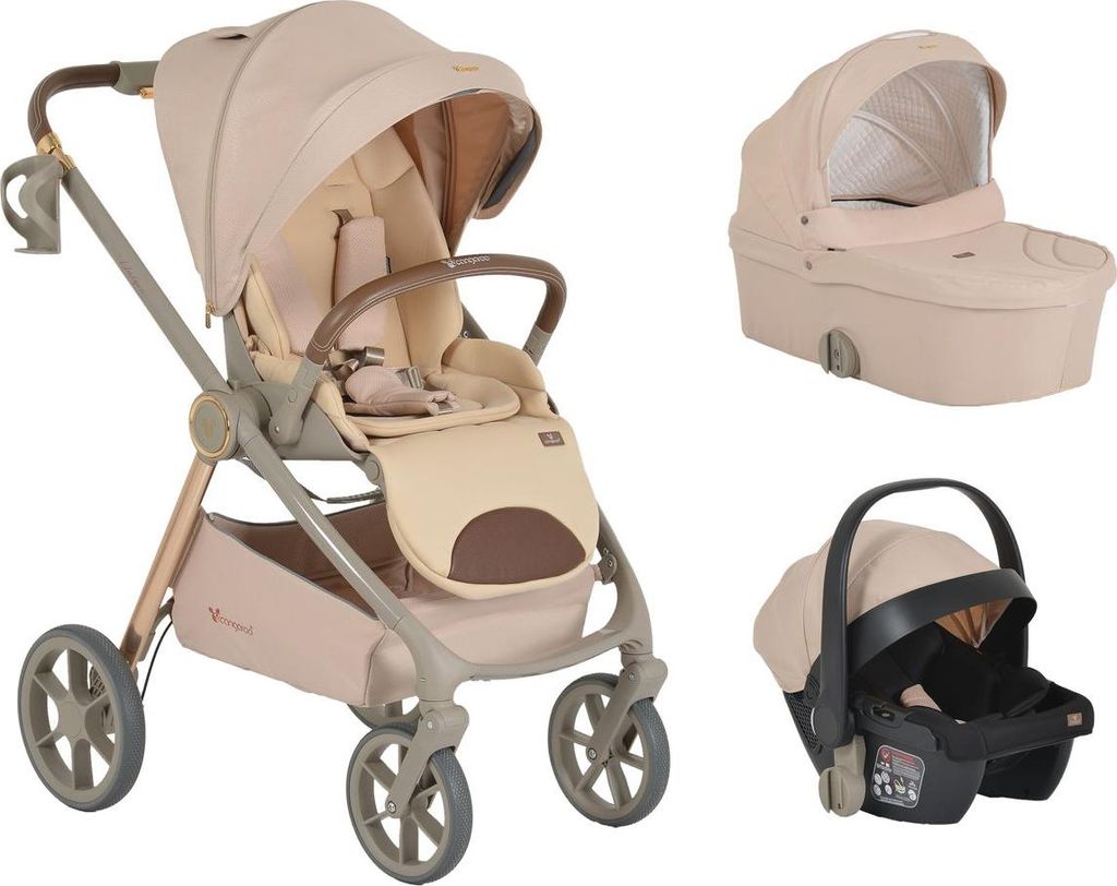 Cangaroo Kombikinderwagen Unique 3 in 1 Babyschale Stoßdämpfer PolyurethanRäder Tasche beige