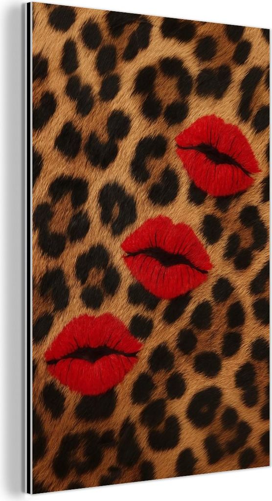 MuchoWow Wanddekoration Metall Metallbild Wandkunst 60x90 cm Lippen - Drei - Rot - Pantherdruck MuchoWow Aluminium Gemälde - Wandbilder - Aluminium