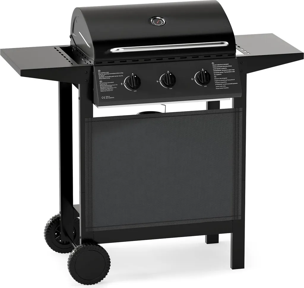 Barbecue à gaz de jardin 3 feux avec tablettes de préparation et capot