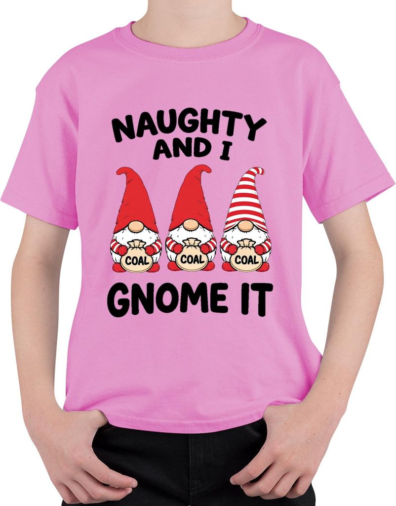 Naughty And I Gnome It Weihnachtsgnom Wichtel Nikolaus Lustig Uni Kinder T-Shirt, Pink, 128
