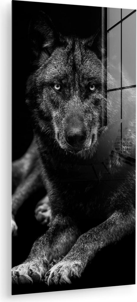 MuchoWow Glasbilder - Bilder auf Wandbild - Foto auf Glas Tiere - Wolf - Schwarz - Weiß - Porträt 60x120 cm Wanddekoration aus Glas - Acrylglasbi...