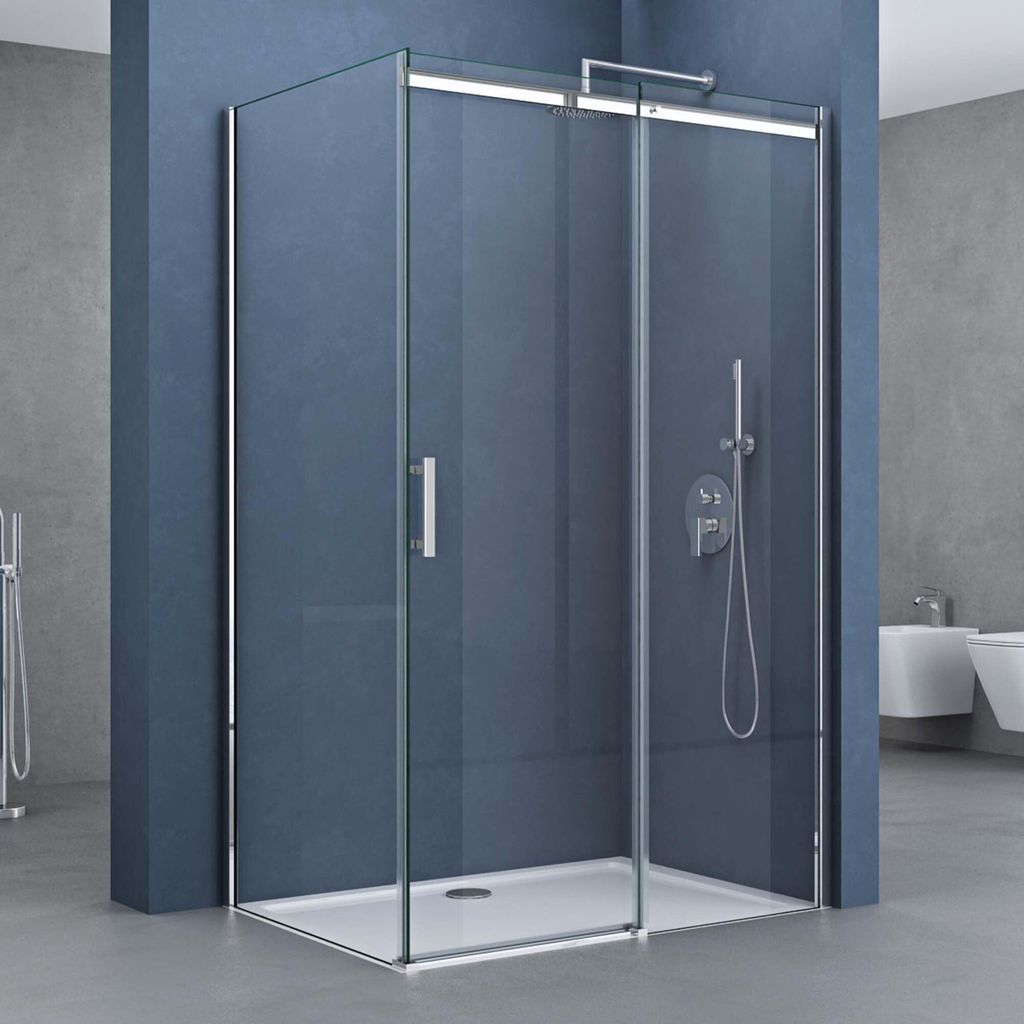 doporro Eckdusche 100x140x195cm chrom Duschkabine Duschabtrennung inkl flacher Duschtasse in Weiß ESG-Sicherheitsglas Klarglas Schiebetür inkl. E...