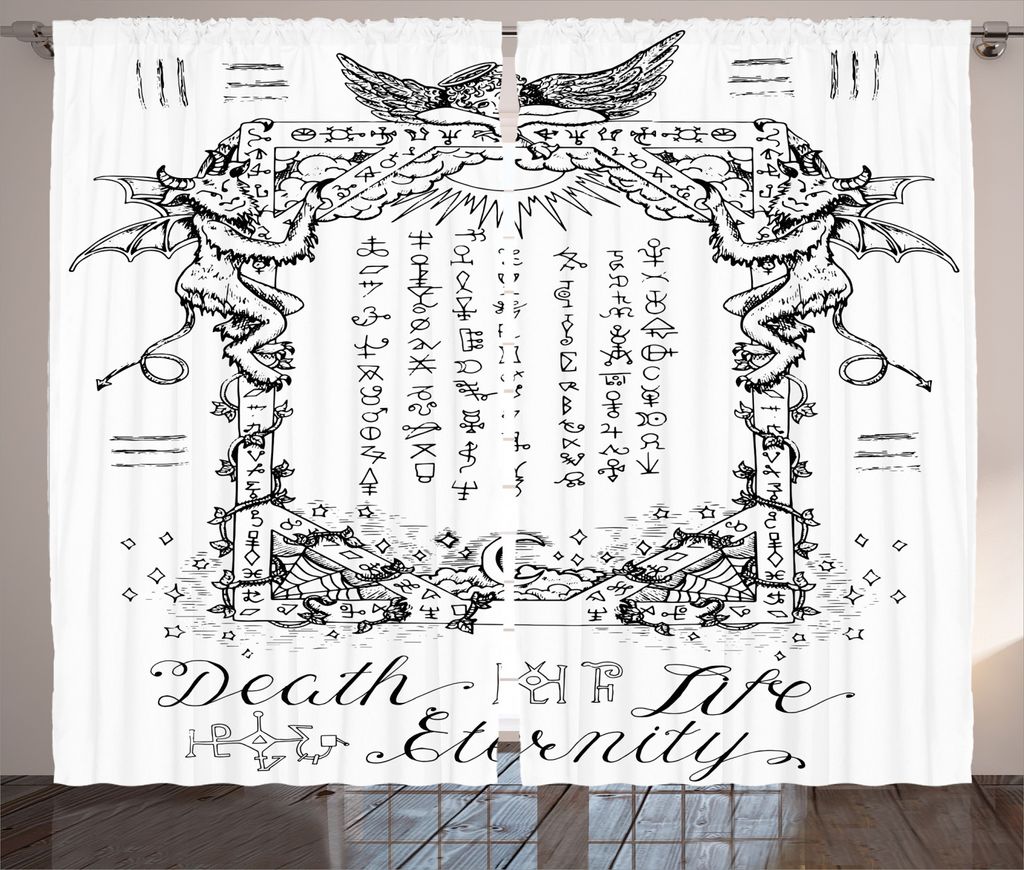 ABAKUHAUS Weiß Rustikaler Vorhang, Gothic Medieval Magic, Wohnzimmer Universalband Gardinen mit Schlaufen und Haken, 280 x 245 cm, Weiß schwarz