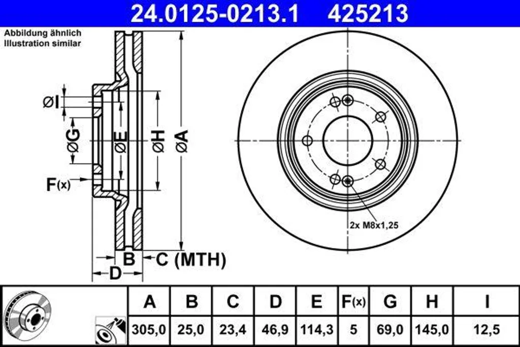Disque de frein ATE 24.0125-0213.1 pour Hyundai Tucson et Kia Sportage