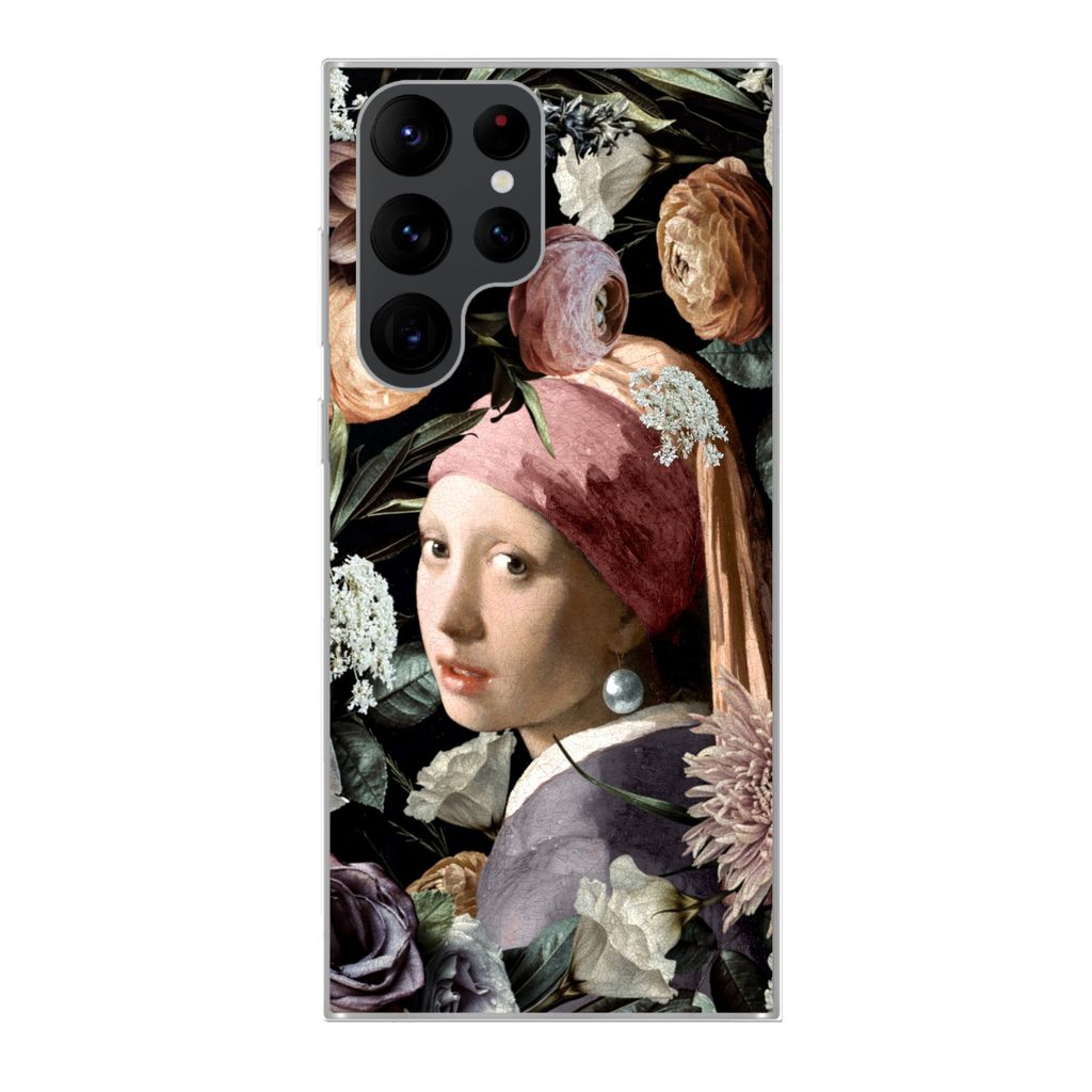 MuchoWow Handyhülle Schutzhülle Hülle für Samsung Galaxy S22 Ultra Mädchen mit Perlenohrring - Blumen - Vermeer - Pastell - Kunstwerk - Gem...
