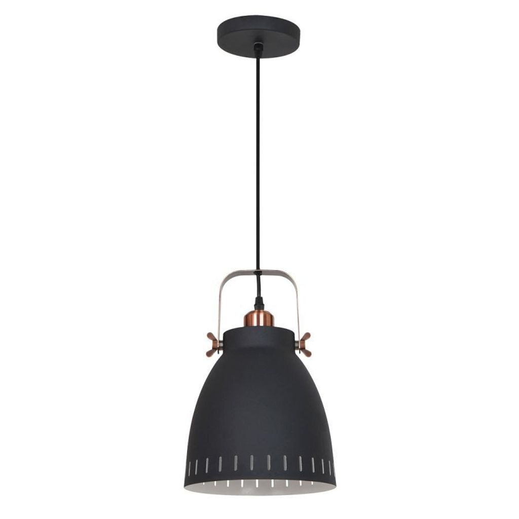 A black pendant light with copper accents is shown against a white background.