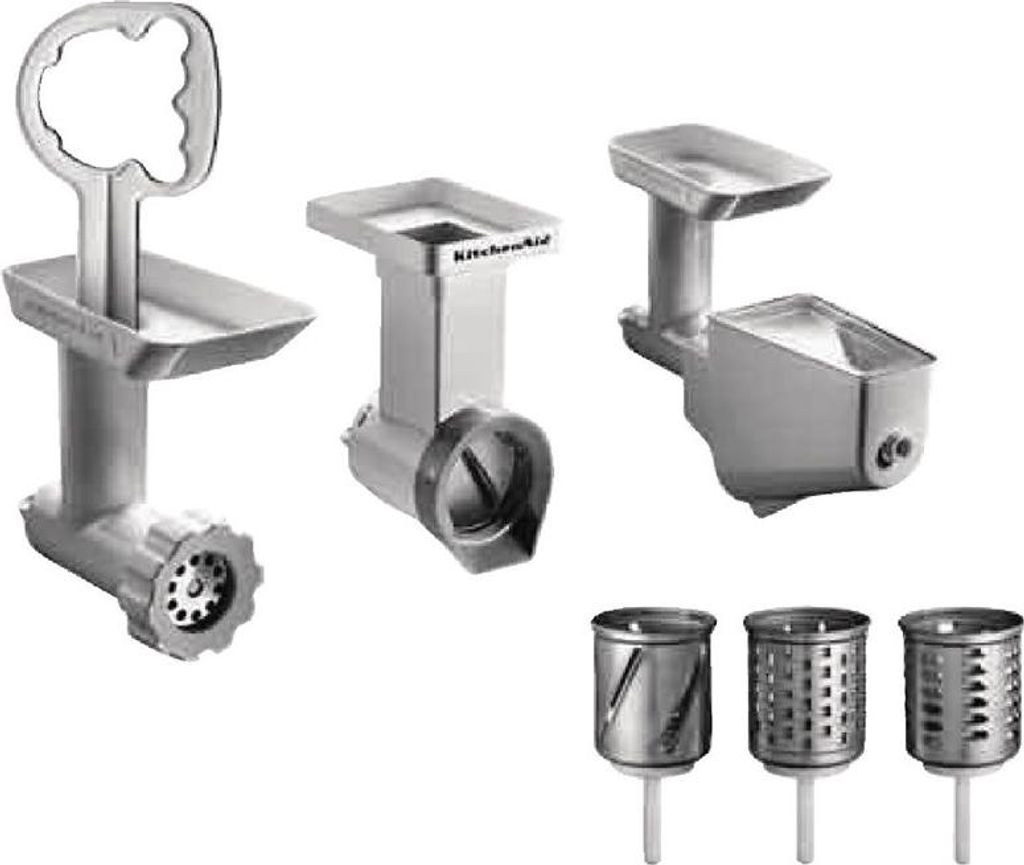 A collection of KitchenAid food grinder and shredder attachments.