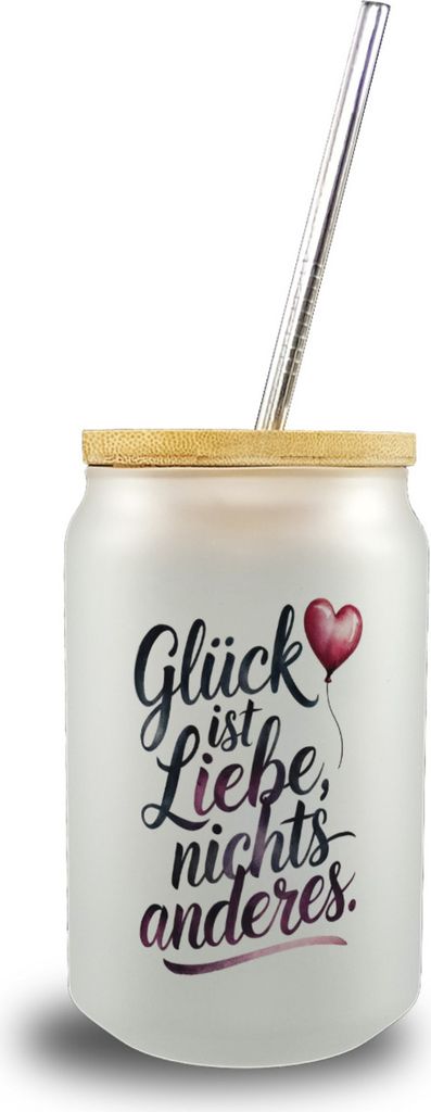 Glück ist Liebe Trinkglas mit Bambusdeckel Herz Luftballon