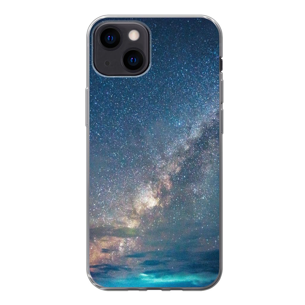 MuchoWow Handyhülle Schutzhülle Hülle für iPhone 13 Sterne - Sonnensystem - Türkis - Jungen - Mädchen - Kinder Silikon Softcase Handy Hüll...