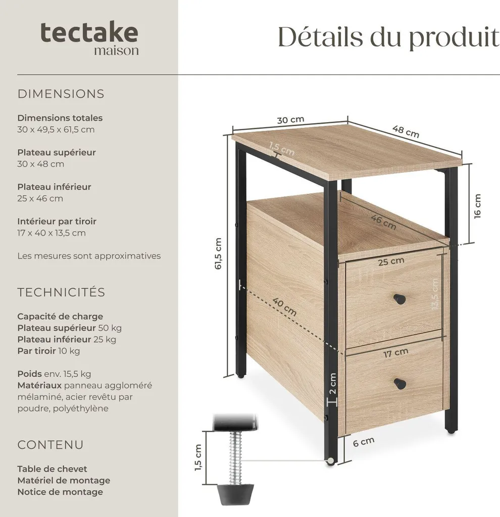 Table de chevet robuste en chêne Sonoma avec structure métal 61cm - 6