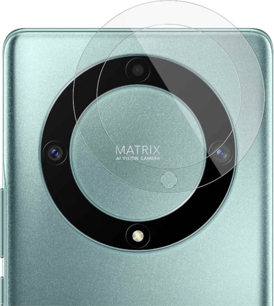 A close-up view of a smartphone's rear camera module with protective glass covers placed on top.
