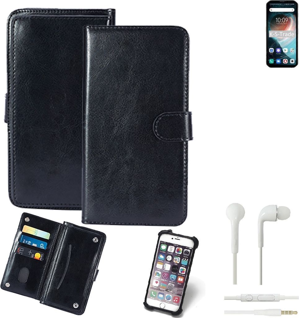 K-S-Trade 360° Hülle kompatibel mit Blackview BL6000 Pro inkl. Headphones schwarz Kunstleder Case BookCase WalletCase Kunstlederederhülle