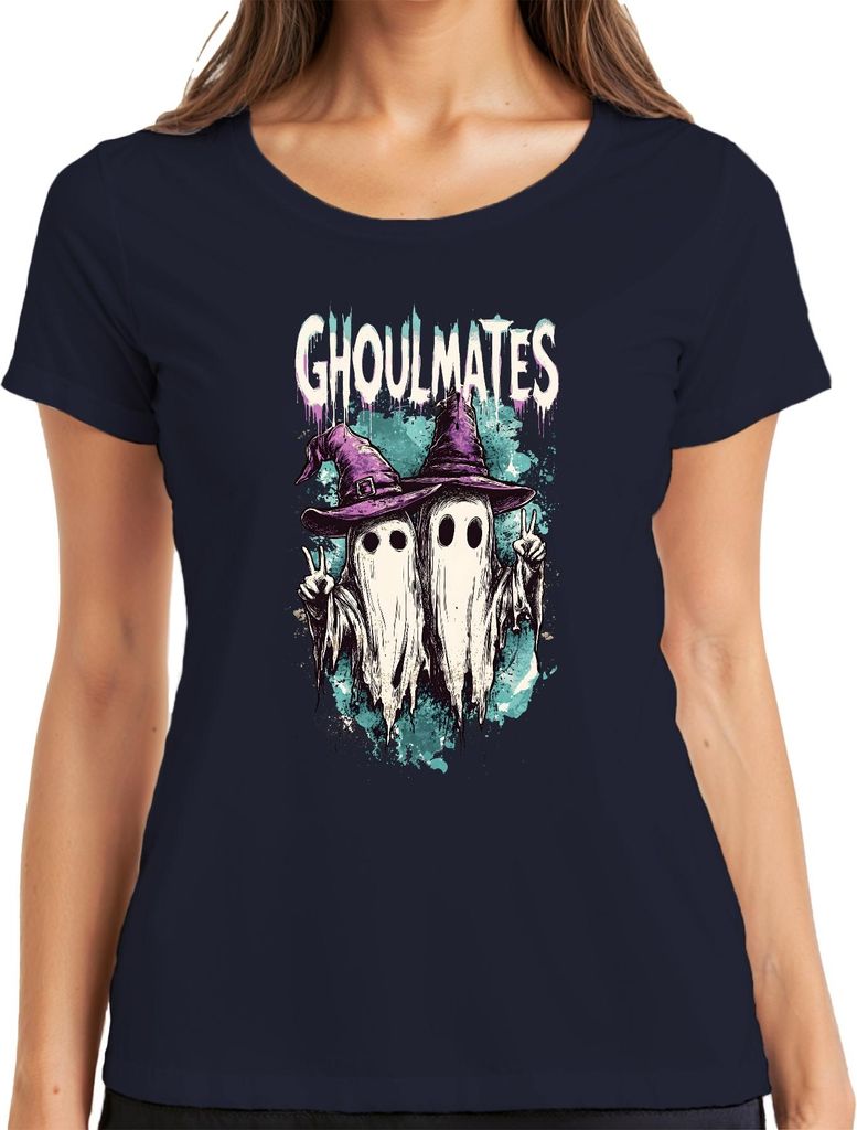 Ghoulmates Halloween Gespenster Geister Pärchen Hexenhut Vintage Damen T-Shirt, Navy, S