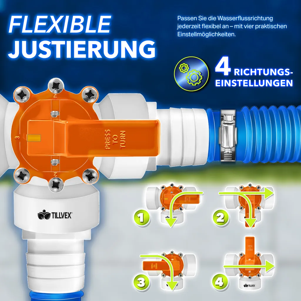 tillvex® Set bypass piscina 12 pezzi - attacco Ø32 e 38 mm | valvola a 3 vie e adattatore ABS | 6x fascette stringitubo & 8m nastro isolante - ideale per sistemi di filtraggio a sabbia, pompe di calore e riscaldamento piscina (arancione) - 3