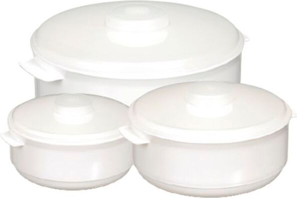 Three white plastic bowls with lids are arranged in a group against a white background.