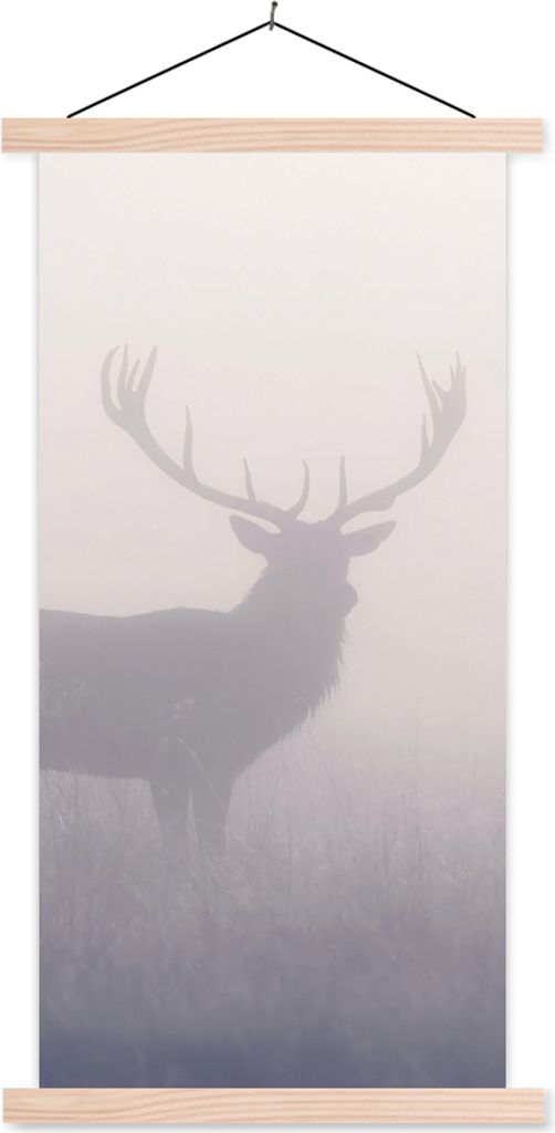 MuchoWow Textilposter Hirsche - Nebel - Morgen 40x80 cm mit holzfarbenen Rahmen - Wohnzimmer
