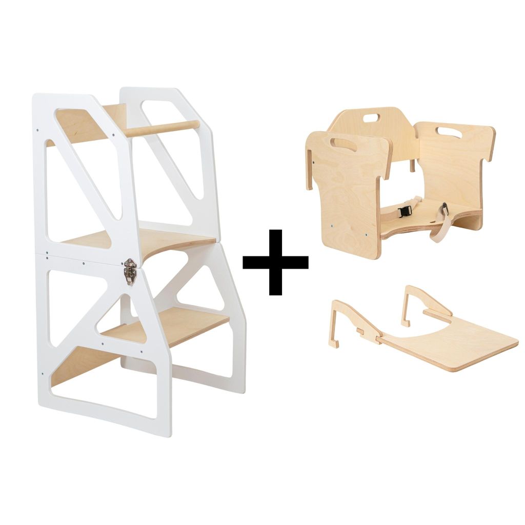 leg&go Verstellbarer Lernturm 2-in-1 Modustep Weiß Set - Montessori Lernturm mit Fütterungsstuhl & Tisch