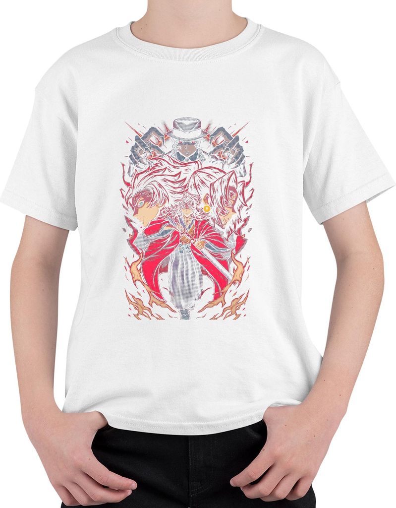 Samurai Katana Dämonenjäger Feuer Maske Anime Manga düster Uni Kinder T-Shirt, Weiß, 152