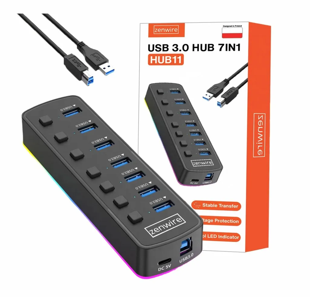 Hub USB 3.0 Actif 7 Ports avec Câble USB-C et Rétroéclairage LED RGB