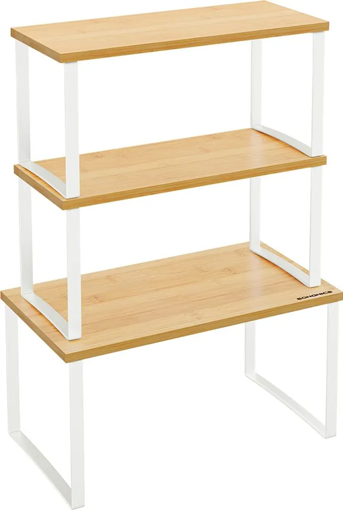 Étagère à Épices Design Blanc et Bambou - Support 3 Niveaux Robuste 30cm