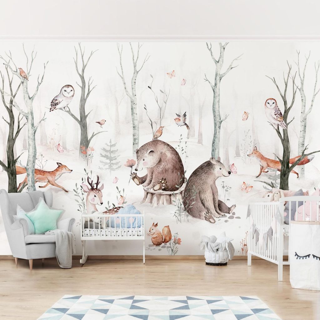 Fototapete Wald - Vliestapete - Bildtapete UV-beständig Wald braun Aquarell Illustration Wandtapete geruchsfrei