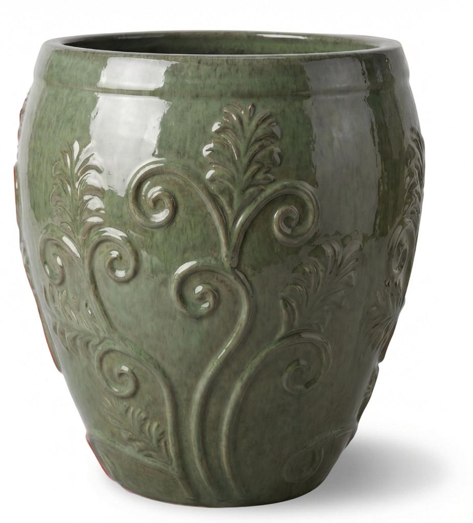Provencelia Keramik Pflanzkübel Gaia Grün, Ø53 x H57 cm, frostbeständig, handgefertigt, glasiert, Outdoor, Terrasse, winterfest