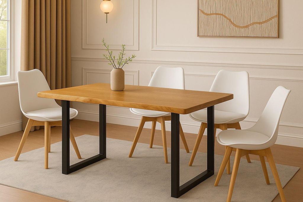 Essgruppe Baumkante massiv 120 x 80 cm Holz Wildeiche-Optik U-Gestell schwarz & 4 Stühle weiß JOSY