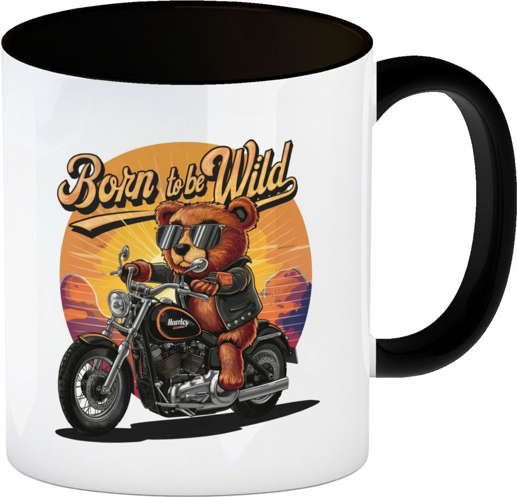 Bär auf Motorrad Kaffeebecher in schwarz - Born to be Wild