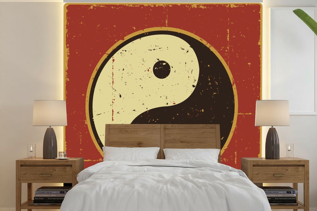 MuchoWow Fototapete für Wohnzimmer oder Schlafzimmer Wandtapete Vinyl Motivtapete Eine Illustration von Yin und Yang auf einem roten Hintergrund...