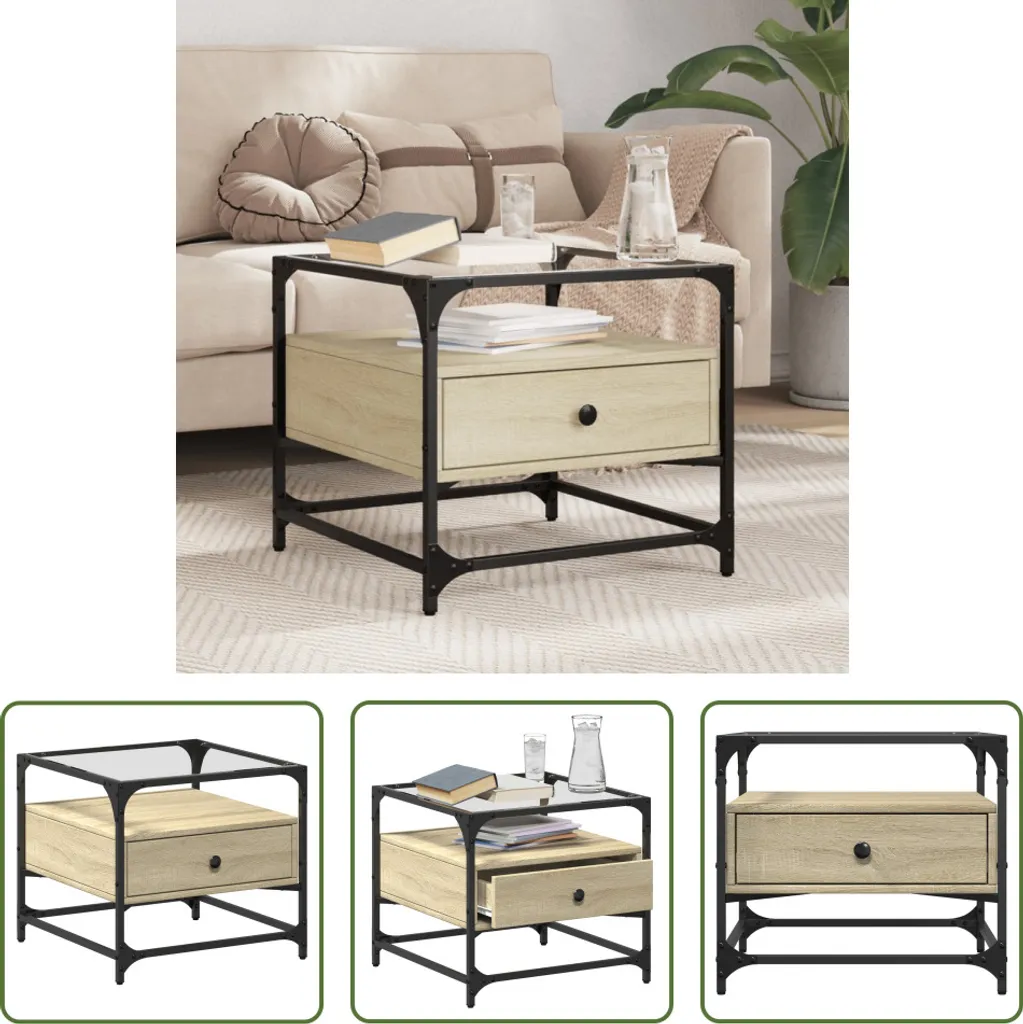 The Living Store Tavolino con piano in vetro rovere Sonoma 50x50x45 cm acciaio