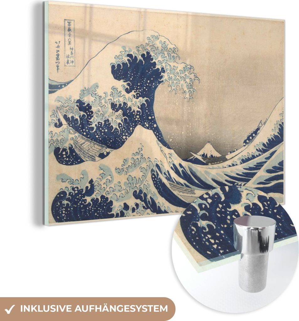 MuchoWow Glasbilder - Bilder auf Wandbild - Foto auf Glas Die große Welle in Kanagawa - Gemälde von Katsushika Hokusai 120x80 cm Wanddekoration a...