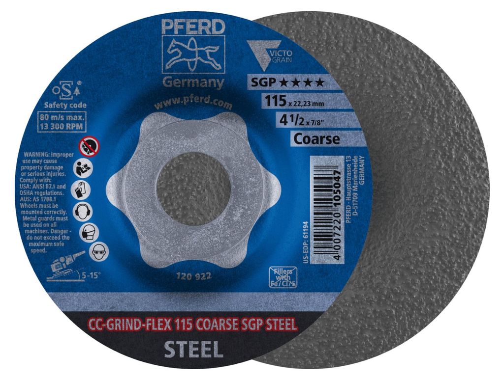 PFERD TOOLS CC-GRIND FLEX Schleifscheibe 115x22,23 mm COARSE Speziallinie SGP STEEL für Stahl 10 Stk