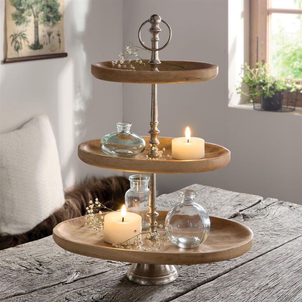 große Etagere "Oval" aus Mangoholz, 3 Etagen, Holz Produktbild 