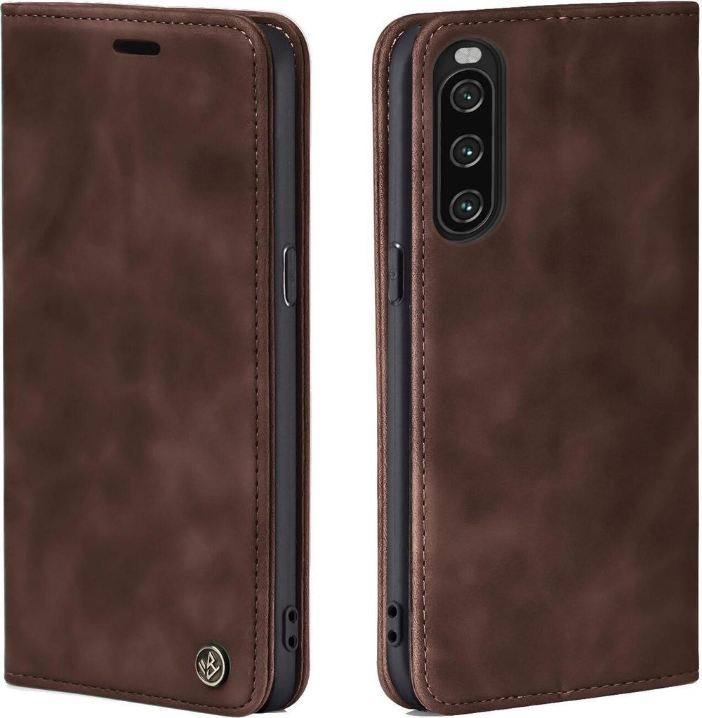 A brown leather flip case for a smartphone is shown from two angles.