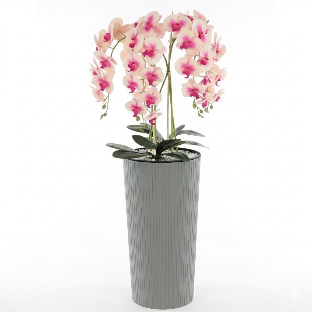 Künstliche Orchidee Cremerosa Kaskaden Blumenstrauß im Topf mit Rillen Grau, H 107,5 cm, gummierte Blumen, 5 Triebe Heimbüro Dekoration Schön S...