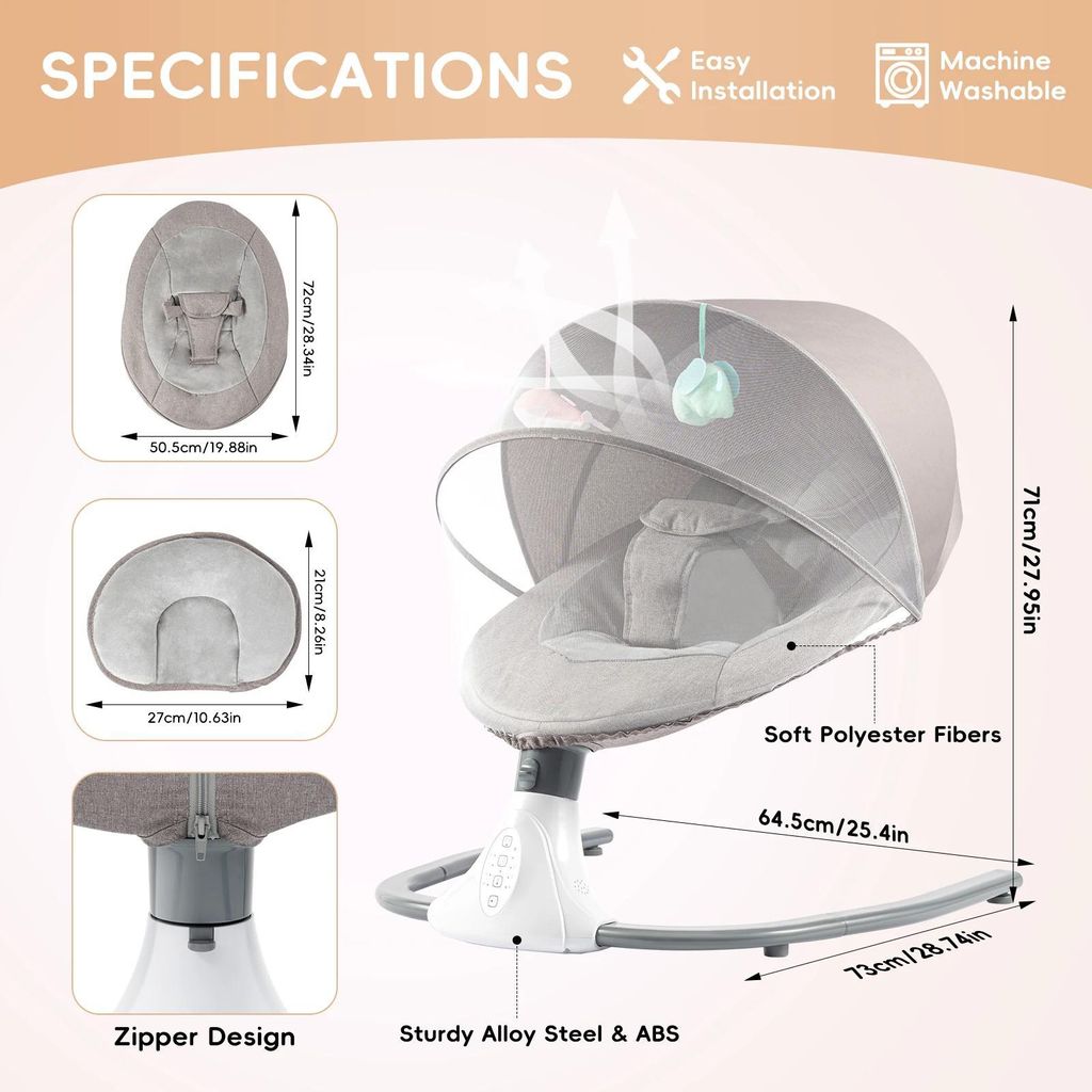 Elektrische Babyschaukel - Babywippe - Fernbedienung 5 m - 4 Schaukelstufen - Timer 8/15/30/60 Min - 3-Punkt-Gurt - 0–18 Monate - USB 5V - Grau