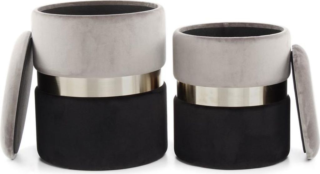 Two cylindrical ottomans are shown side-by-side against a white background. The ottomans have a two-tone design, with a gray velvet top and a black base, separated by a silver band. One ottoman's lid is slightly ajar.