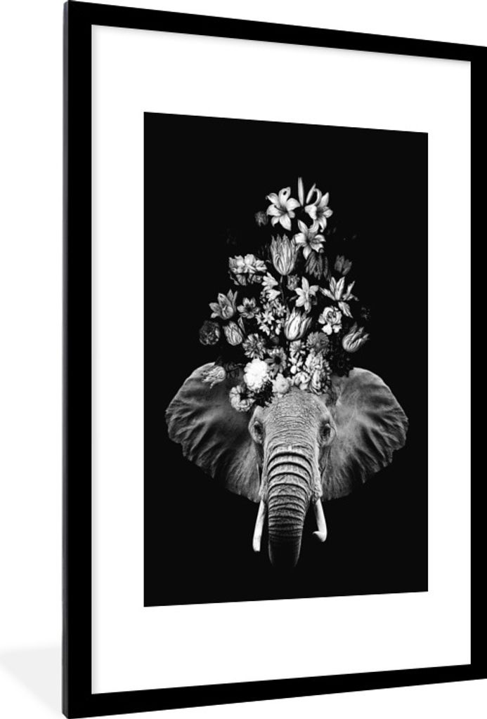 MuchoWow® Gerahmtes Poster Elefant mit Blumen vor schwarzem Produktbild 