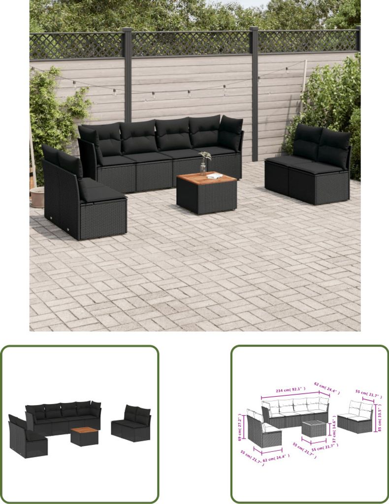 The Living Store 9-tlg. Garten-Sofagarnitur mit Kissen Schwarz Poly Rattan