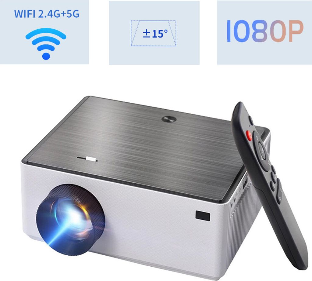 ZELURXX Beamer, 1080P, 2.4G/5G Doppelfrequenz, ±15° Korrektur, anschließbar an Smartphone/Tablet/Laptops/USB-Stick/DVD, 21,5 x 18 x 8,8 cm, weiß