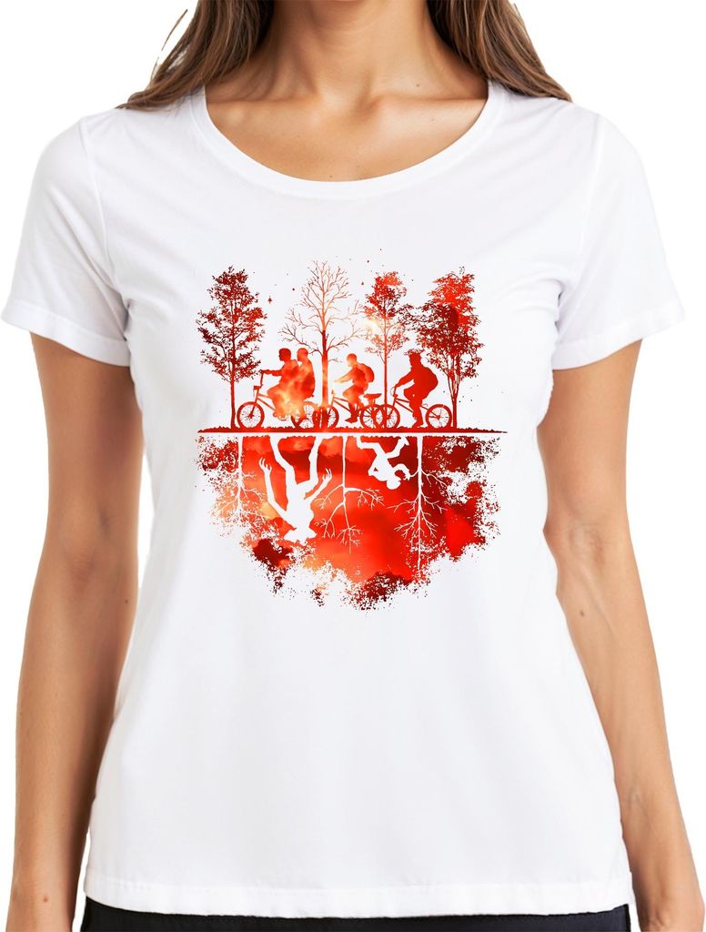 Upside Down Fahrräder Kinder Wald Monster Horror 80er Retro Damen T-Shirt, Weiß, L