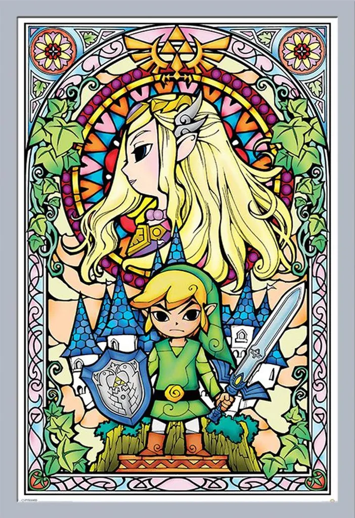 Poster Legend of Zelda Stained Glass avec Cadre MDF Argenté Shinsuke