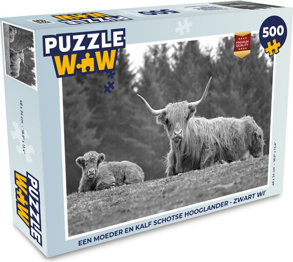 MuchoWow Puzzle 500 Teile Eine Mutter mit ihrem Kalb, ein schottischer Highlander - schwarz und weiß - 500 Teile - Kinder - Selberbauen - Puzzle...