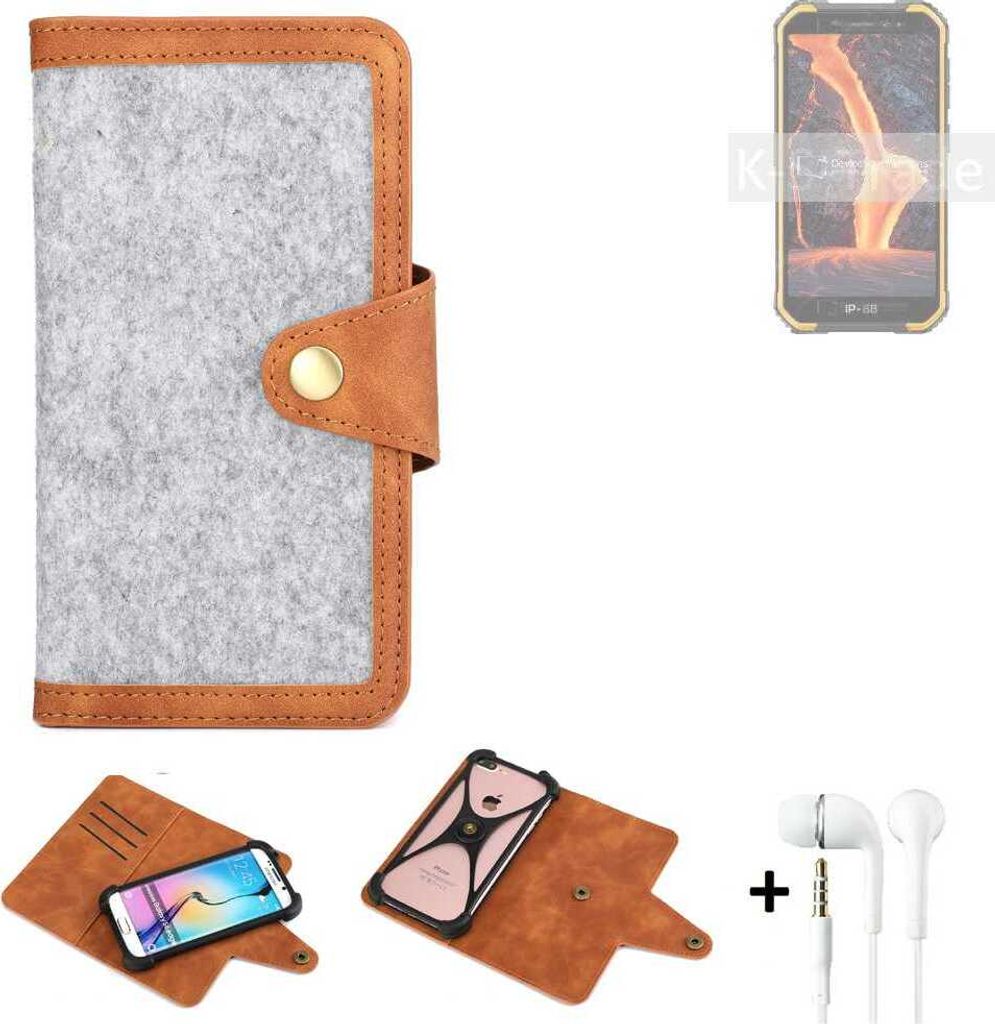K-S-Trade Handyhülle + Kopfhörer kompatibel mit Ulefone Armor X6 Pro Schutzhülle Filz Hülle Kunstleder hellgrau braun (1x)