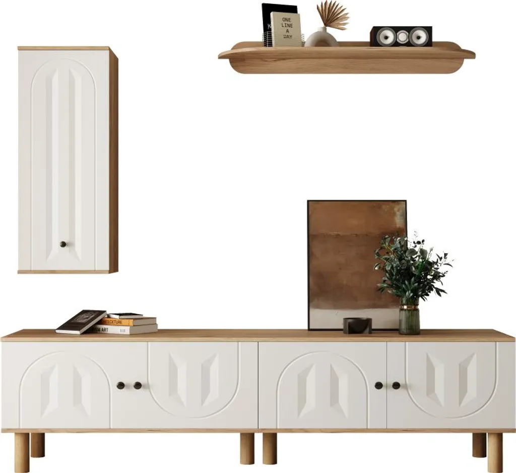 AIORBER Meuble-paroi 3 pièces : Buffet haut, armoires, panneau bois blanc